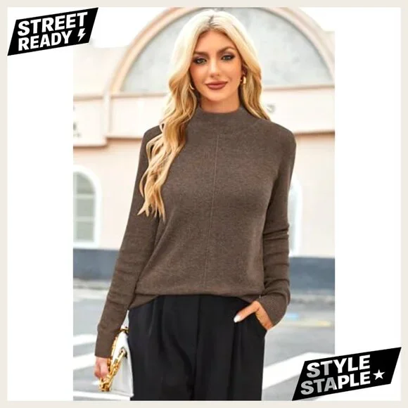 Mock Neck Wool Blend Sweater Pullover Business Casual Long Sleeve Loose Fit - Picture 5 of 5